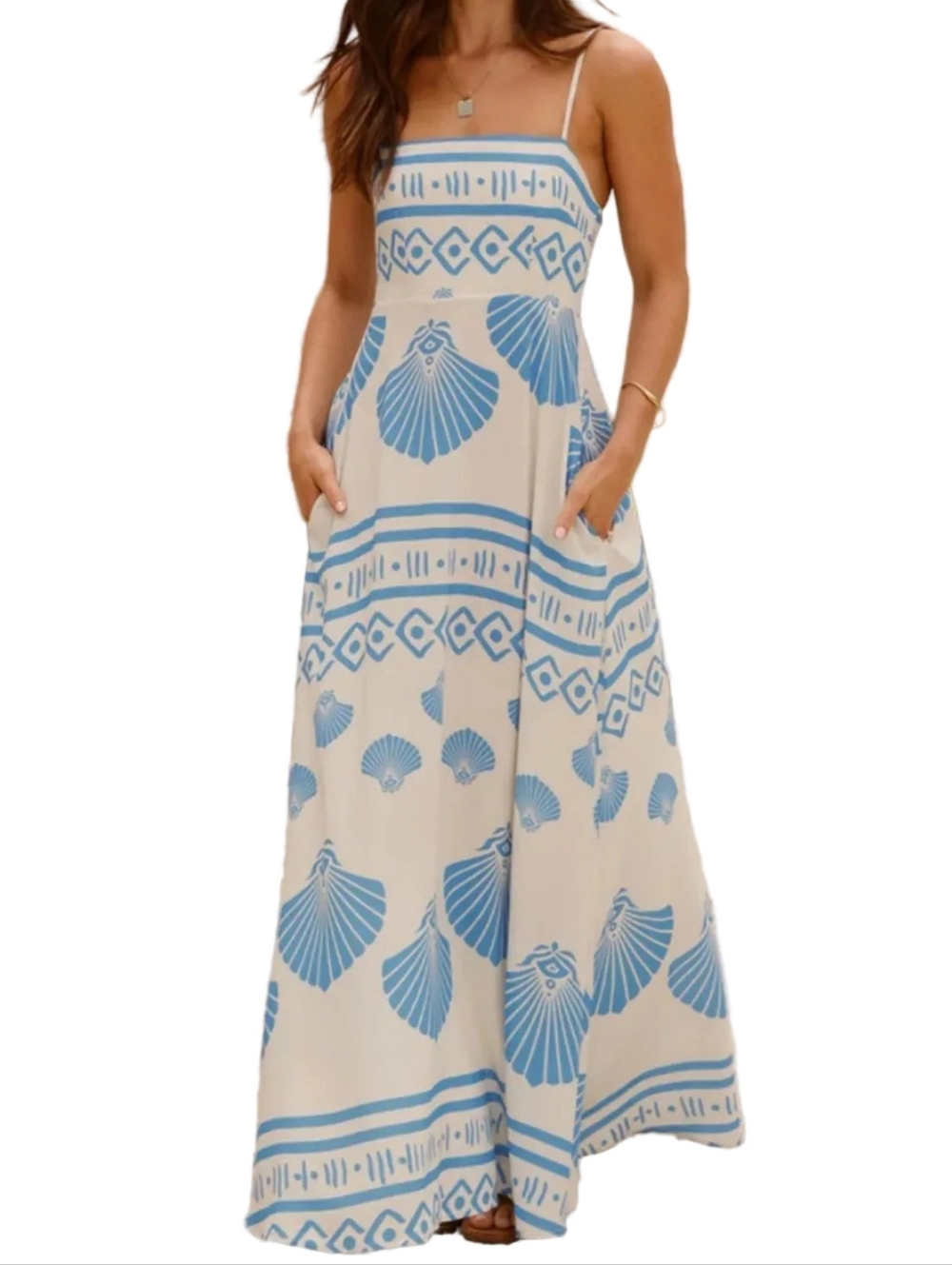 Coastal Seashell Side Pocket Sleeveless Smocked Back Island Beachy Maxi Dress - Picture 11 of 13